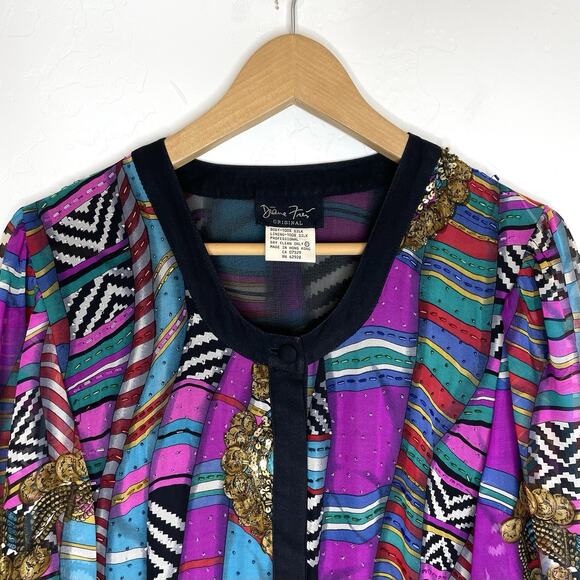 Diane Freis Silk Tunic Top Womens Large Sequin Coins Button Up Multicolor - Picture 2 of 5